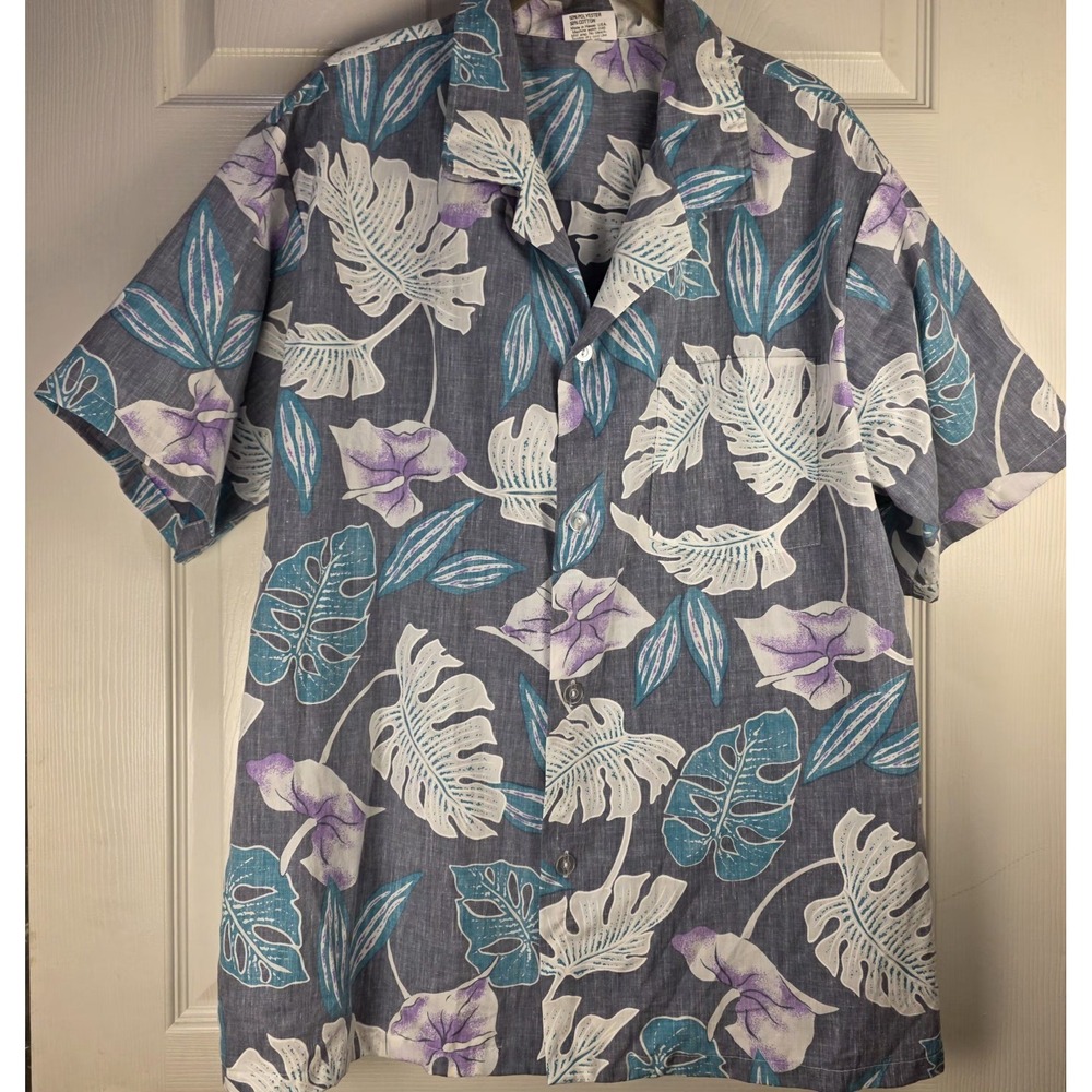 Vtg New Horizon Hawaiian Tropical‎ Shirt L Button Short Sleeve Men's Gray Floral